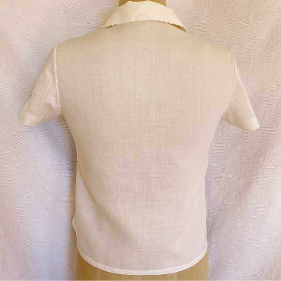 Vtg XS white  embroidered short sleeve linen blouse - Picture 5 of 6